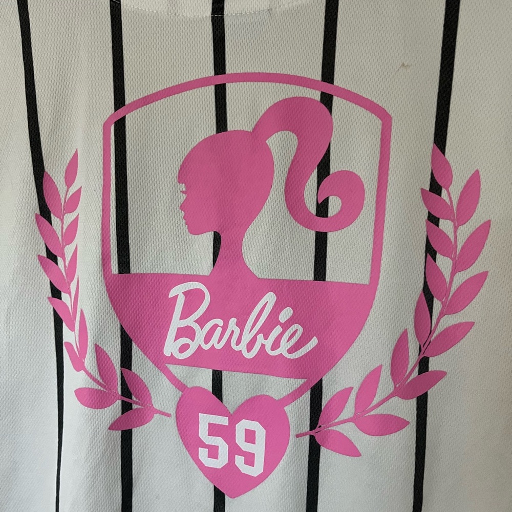 White Pinstriped Barbie Graphic Baseball Jersey - Picture 9 of 11